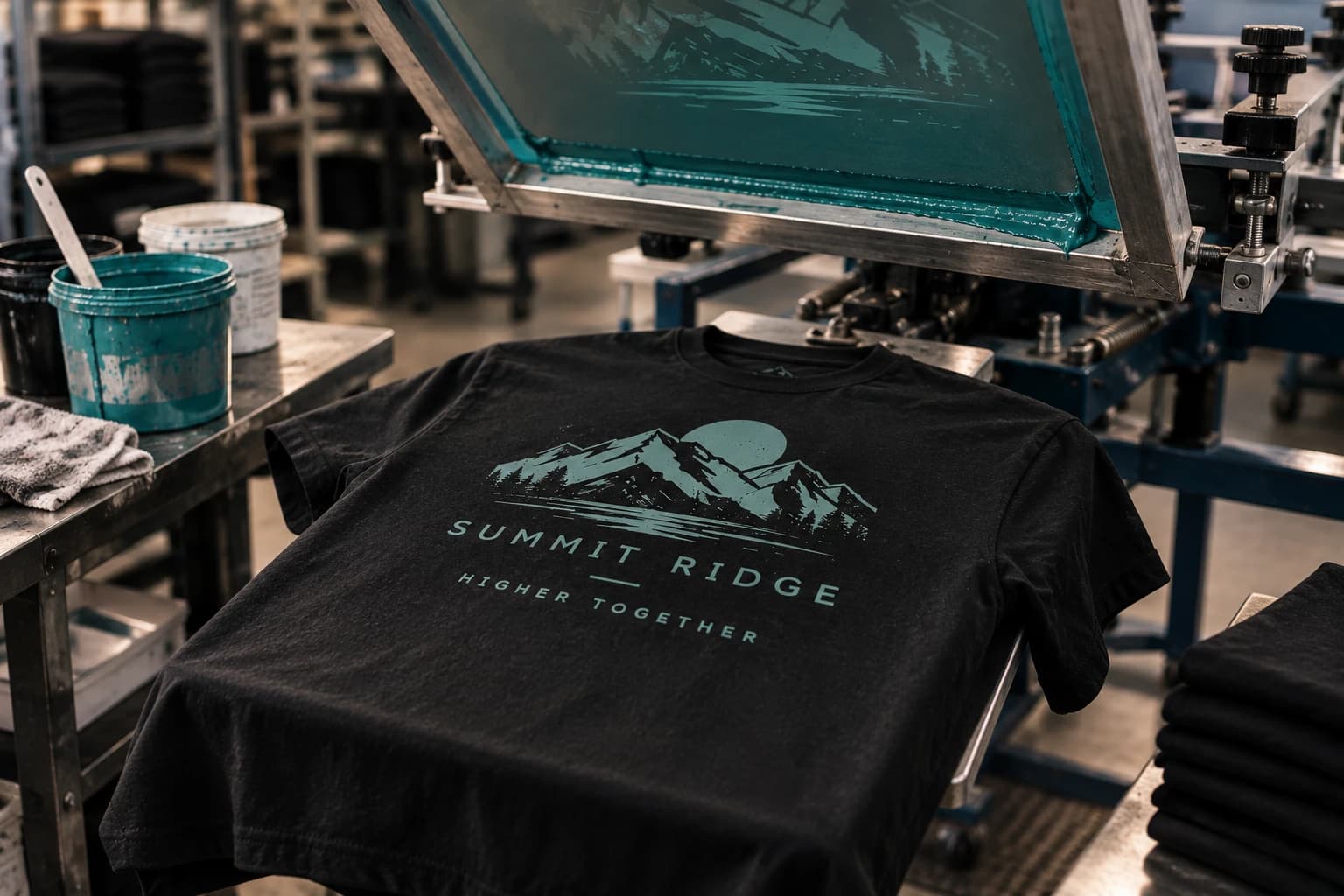 Summit Ridge trail shirt on a screen-printing press, with its approved artwork swatch card on the table beside it.