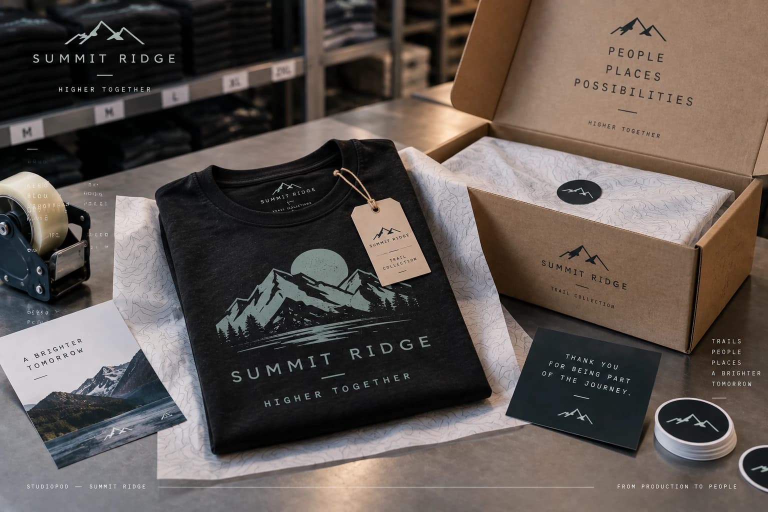 Folded Summit Ridge shirt beside its shipping box and tag, on a production table.