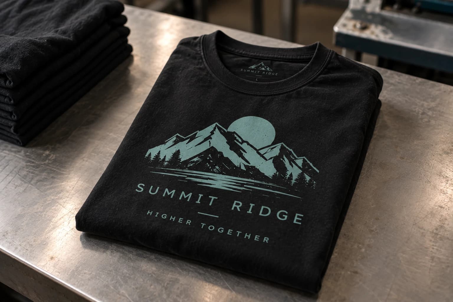 A finished Summit Ridge shirt beside the screen mid-pull, with printed stock folded in the background.